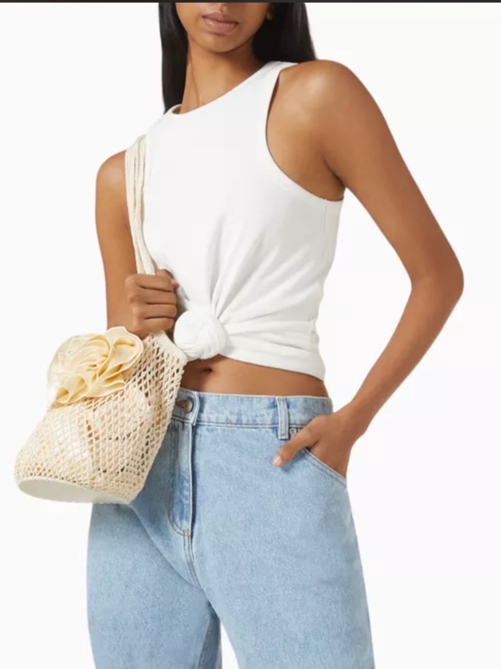 100% Cotton Ribbed Front Knot Cropped Tank Top White - Picture 5 of 6